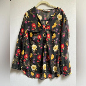 Zara Trafaluc Black Floral Sheer Long Sleeve Blouse Size M